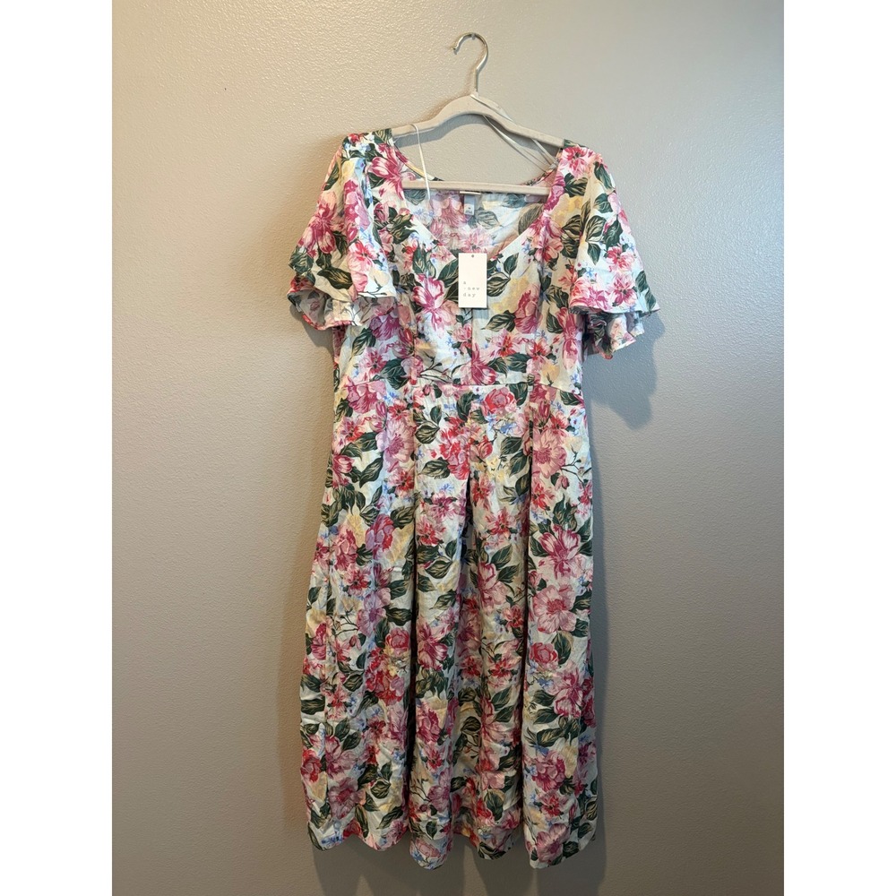A New Day Floral Flutter Sleeve Midi Dress Pink Green Size 16 NWT